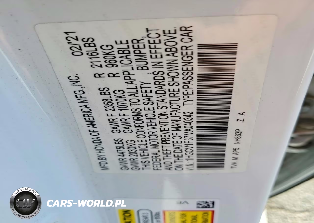 2021 Honda Accord Sport VIN:1HGCV1F37MA040342 - 12