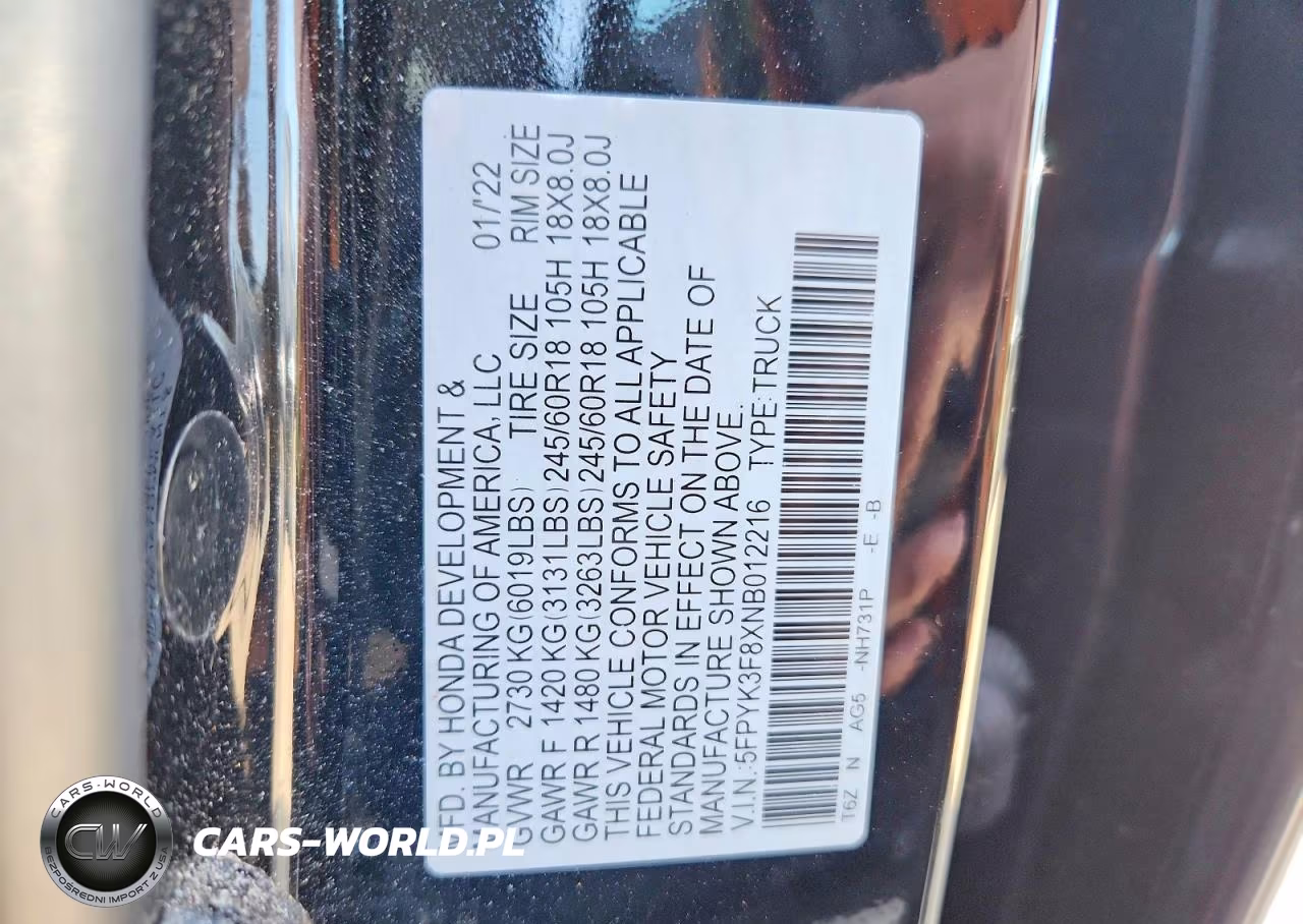 2022 Honda Ridgeline Black Edition VIN:5FPYK3F8XNB012216 - 12
