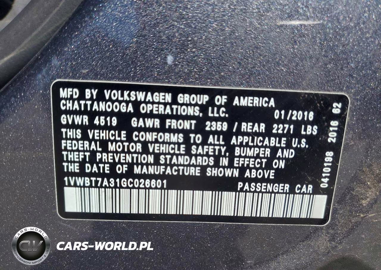 2016 Volkswagen Passat Se VIN:1VWBT7A31GC026601 - 12