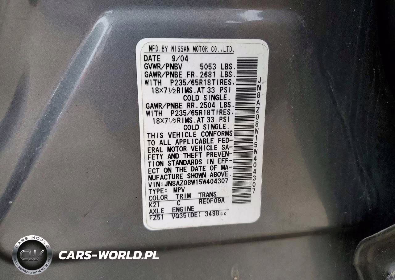 2005 Nissan Murano S VIN:JN8AZ08W15W404307 - 13