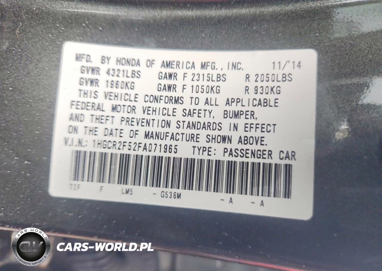 2015 Honda Accord Sport VIN:1HGCR2F52FA071965 - 12