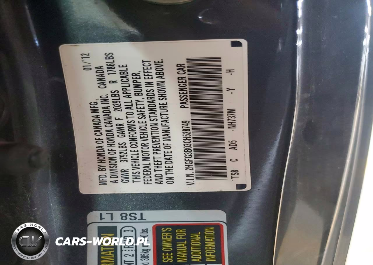 2012 Honda Civic Exl VIN:2HGFG3B03CH528749 - 12