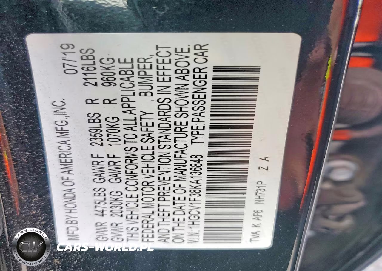 2019 Honda Accord Sport VIN:1HGCV1F38KA136848 - 12