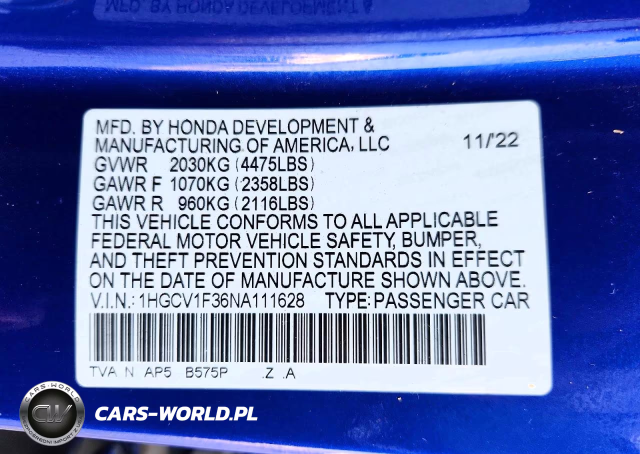 2022 Honda Accord Sport VIN:1HGCV1F36NA111628 - 13