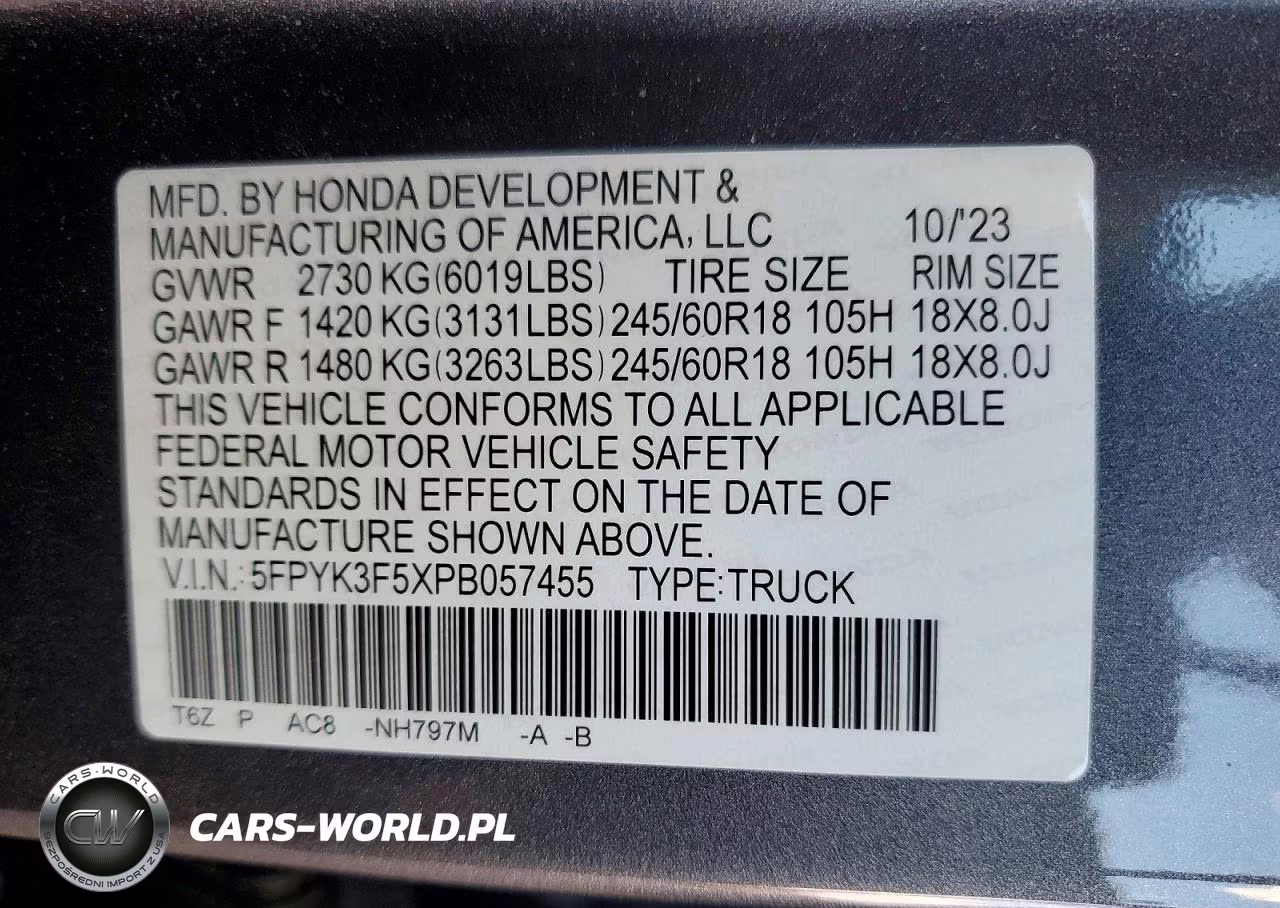 2023 Honda Ridgeline Rtl VIN:5FPYK3F5XPB057455 - 12