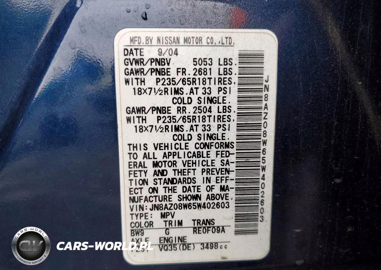 2005 Nissan Murano S VIN:JN8AZ08W65W402603 - 13