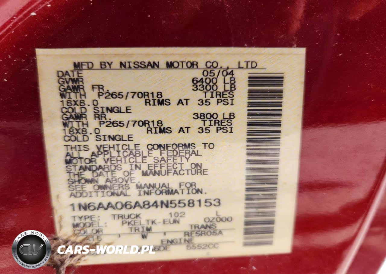 2004 Nissan Titan Xe VIN:1N6AA06A84N558153 - 12