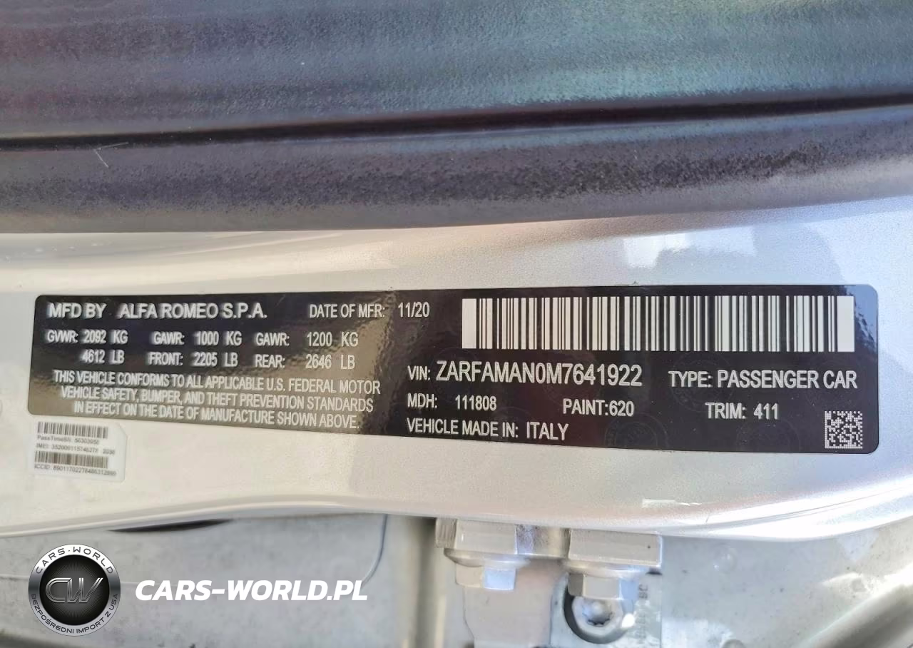 2021 Alfa Romeo Giulia Sport VIN:ZARFAMAN0M7641922 - 12