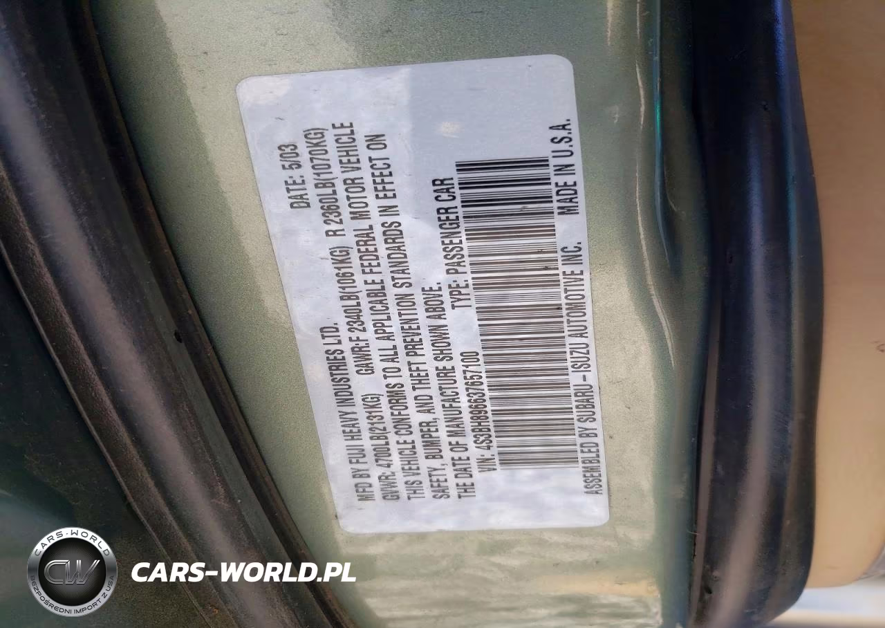 2003 Subaru Legacy Outback H6 3.0 Vdc VIN:4S3BH896637657100 - 13