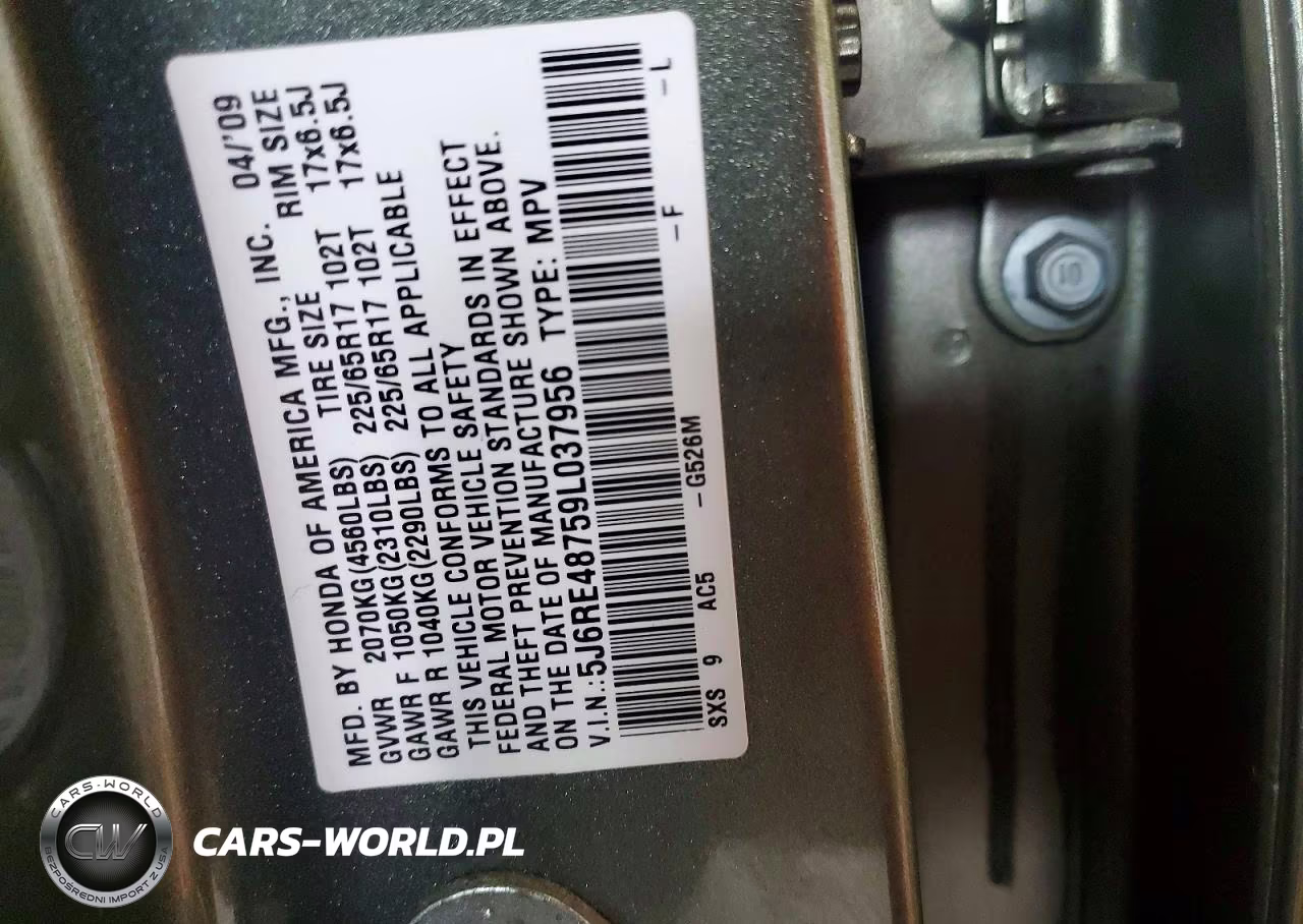 2009 Honda Cr-V Exl VIN:5J6RE48759L037956 - 13