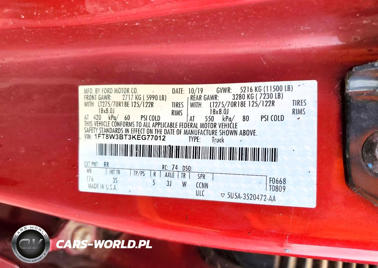 2019 Ford F350 Super Duty VIN:1FT8W3BT3KEG77012 - 12