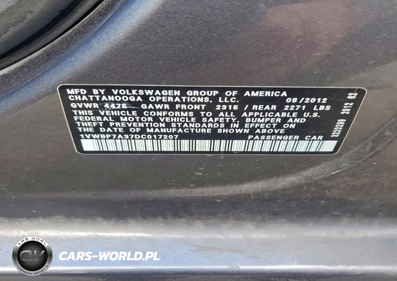 2013 Volkswagen Passat Se VIN:1VWBP7A37DC017207 - 13