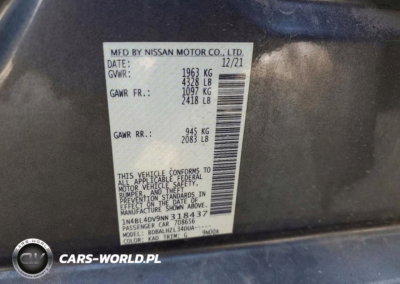 2022 Nissan Altima 2.5 Sv VIN:1N4BL4DV9NN318437 - 12