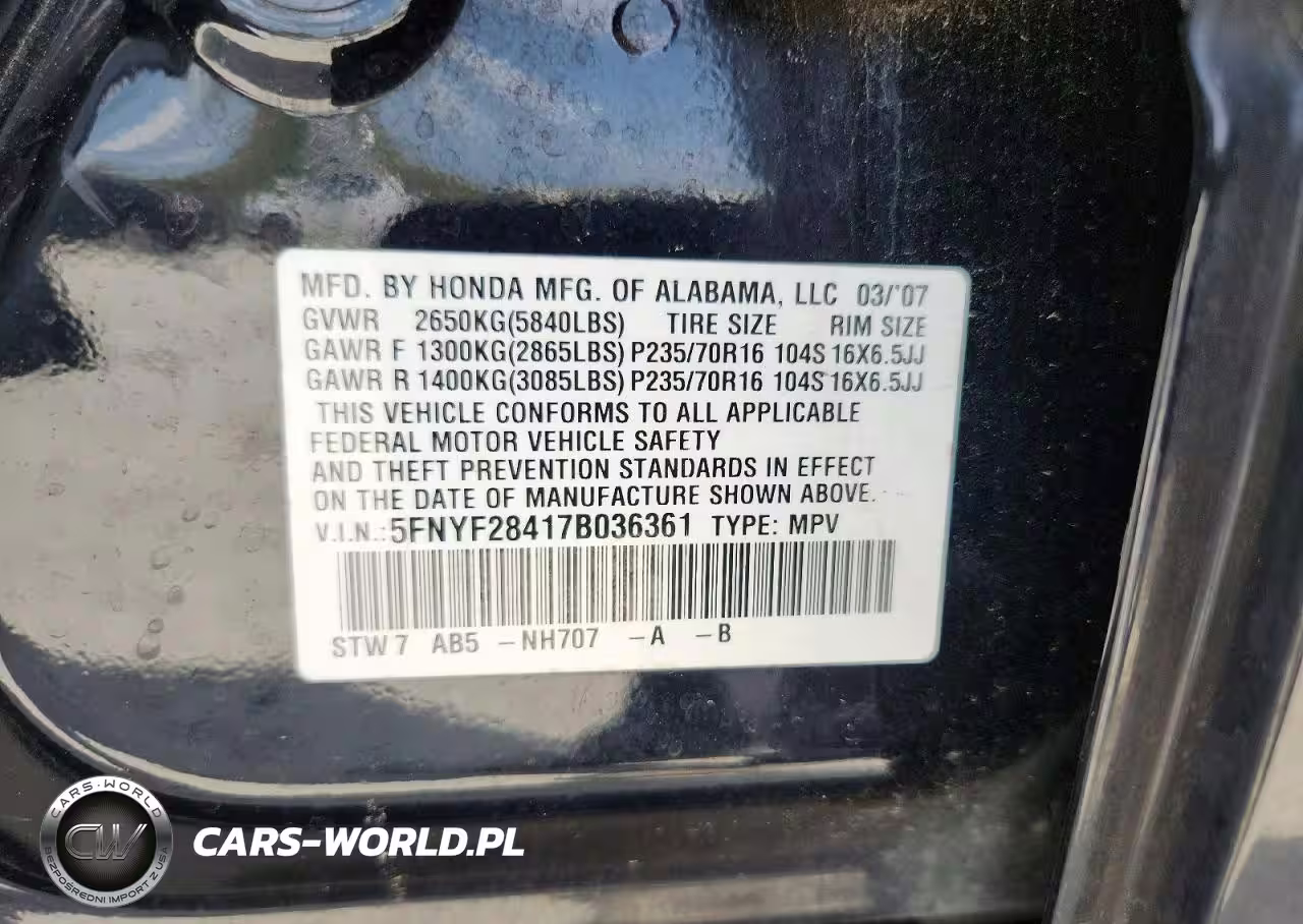 2007 Honda Pilot Ex VIN:5FNYF28417B036361 - 13