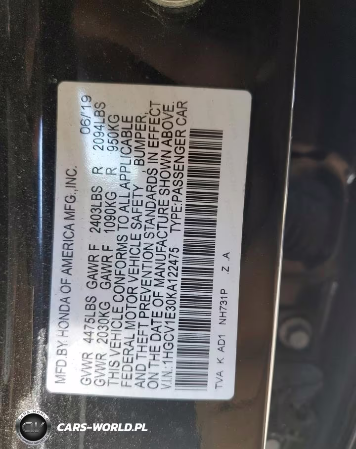 2019 Honda Accord Sport VIN:1HGCV1E30KA122475 - 13