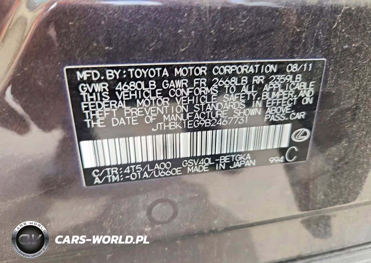 2011 Lexus Es 350 Base VIN:JTHBK1EG9B2467731 - 12