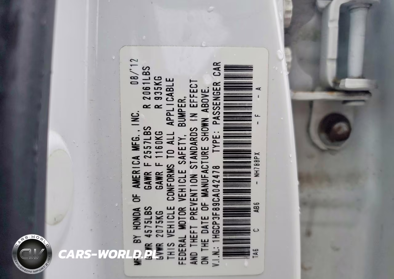 2012 Honda Accord Exl VIN:1HGCP3F89CA042478 - 12