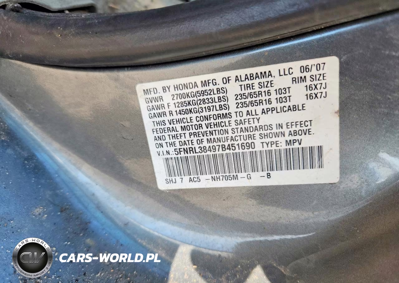 2007 Honda Odyssey Ex VIN:5FNRL38497B451690 - 14