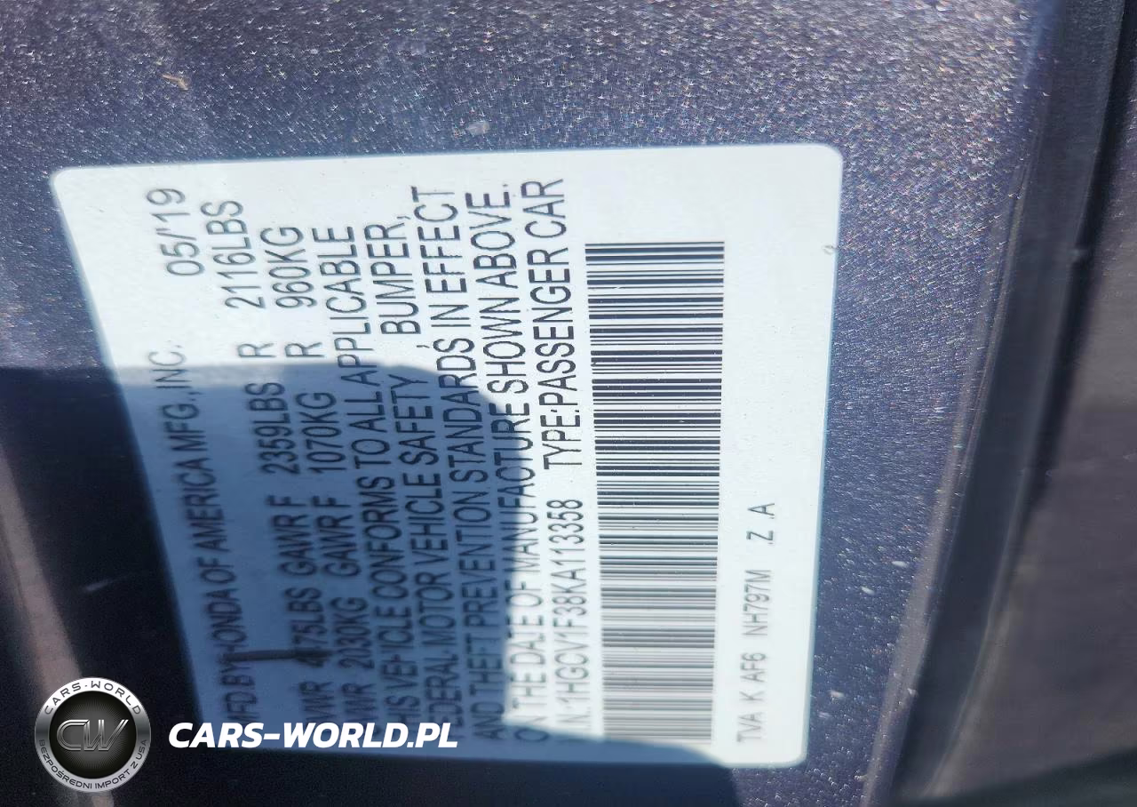 2019 Honda Accord Sport VIN:1HGCV1F38KA113358 - 13