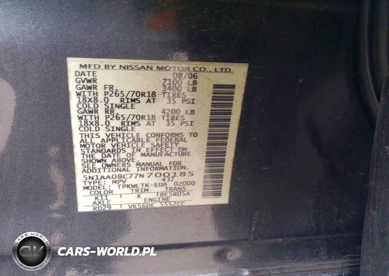 2007 Nissan Armada Se VIN:5N1AA08C77N700185 - 13