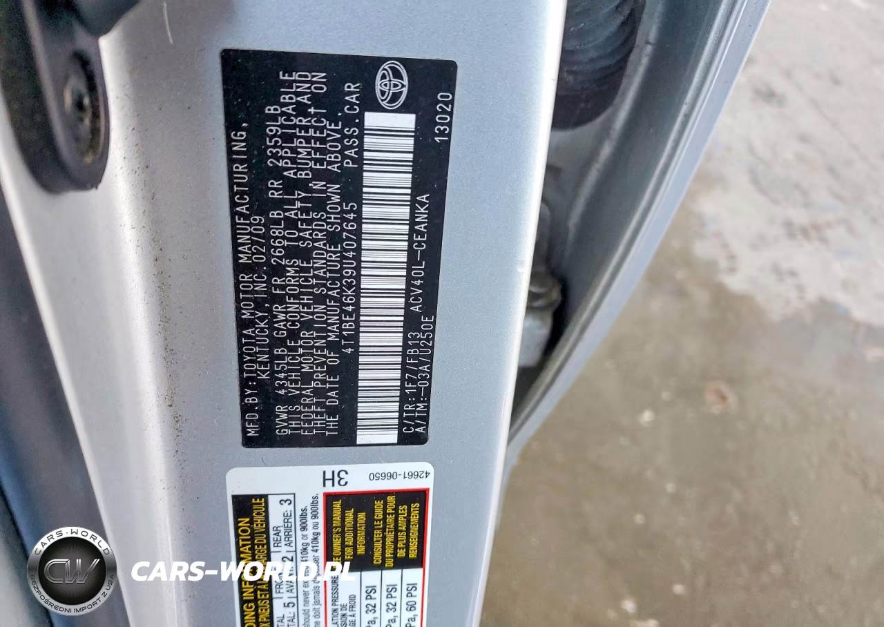 2009 Toyota Camry Le VIN:4T1BE46K39U407645 - 12