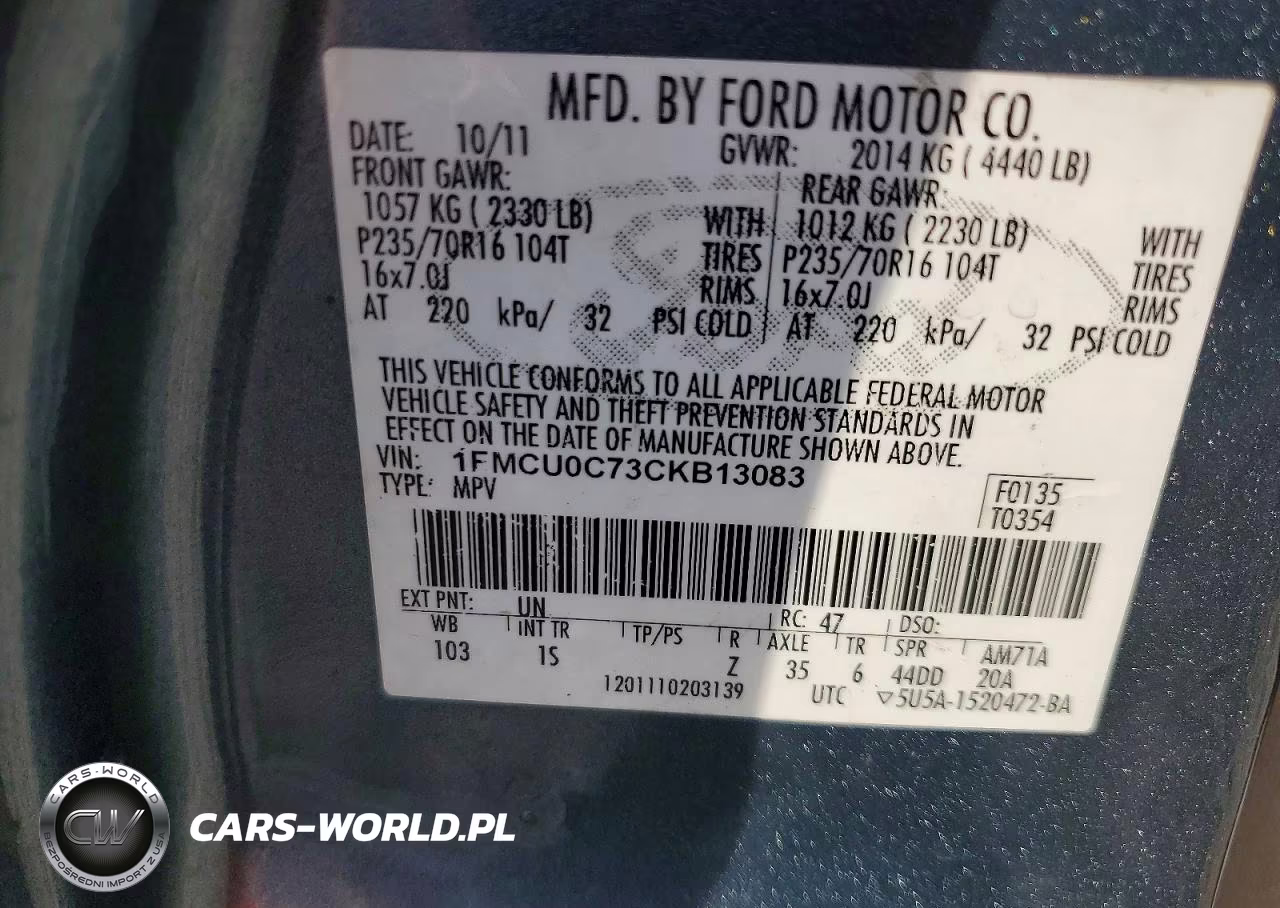 2012 Ford Escape Xls VIN:1FMCU0C73CKB13083 - 13