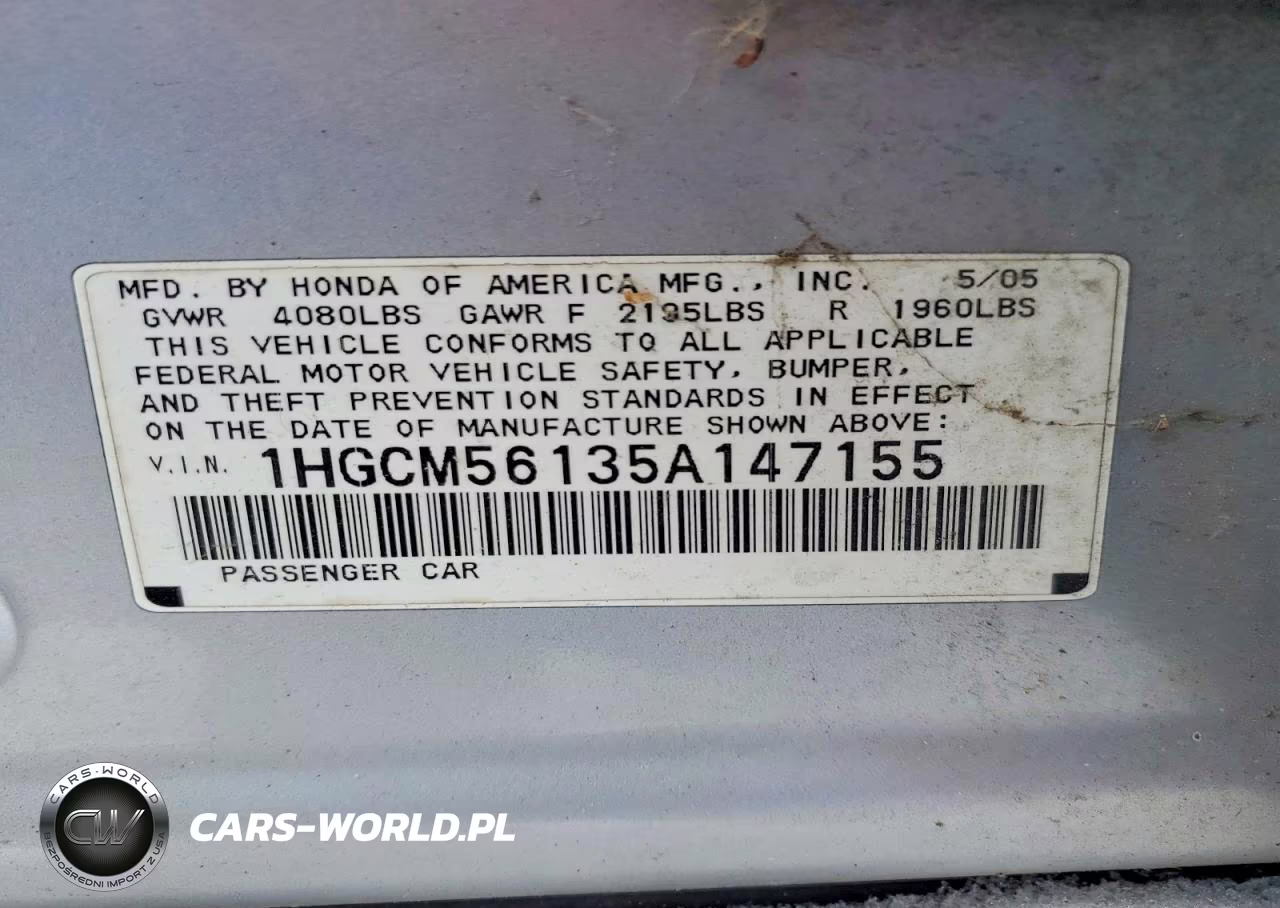 2005 Honda Accord Dx VIN:1HGCM56135A147155 - 12