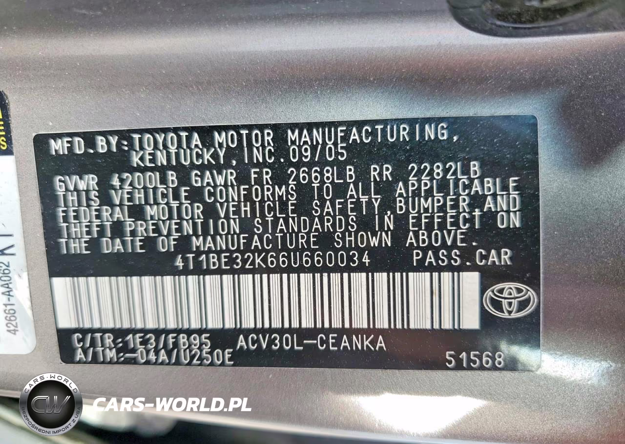 2006 Toyota Camry Standard VIN:4T1BE32K66U660034 - 12