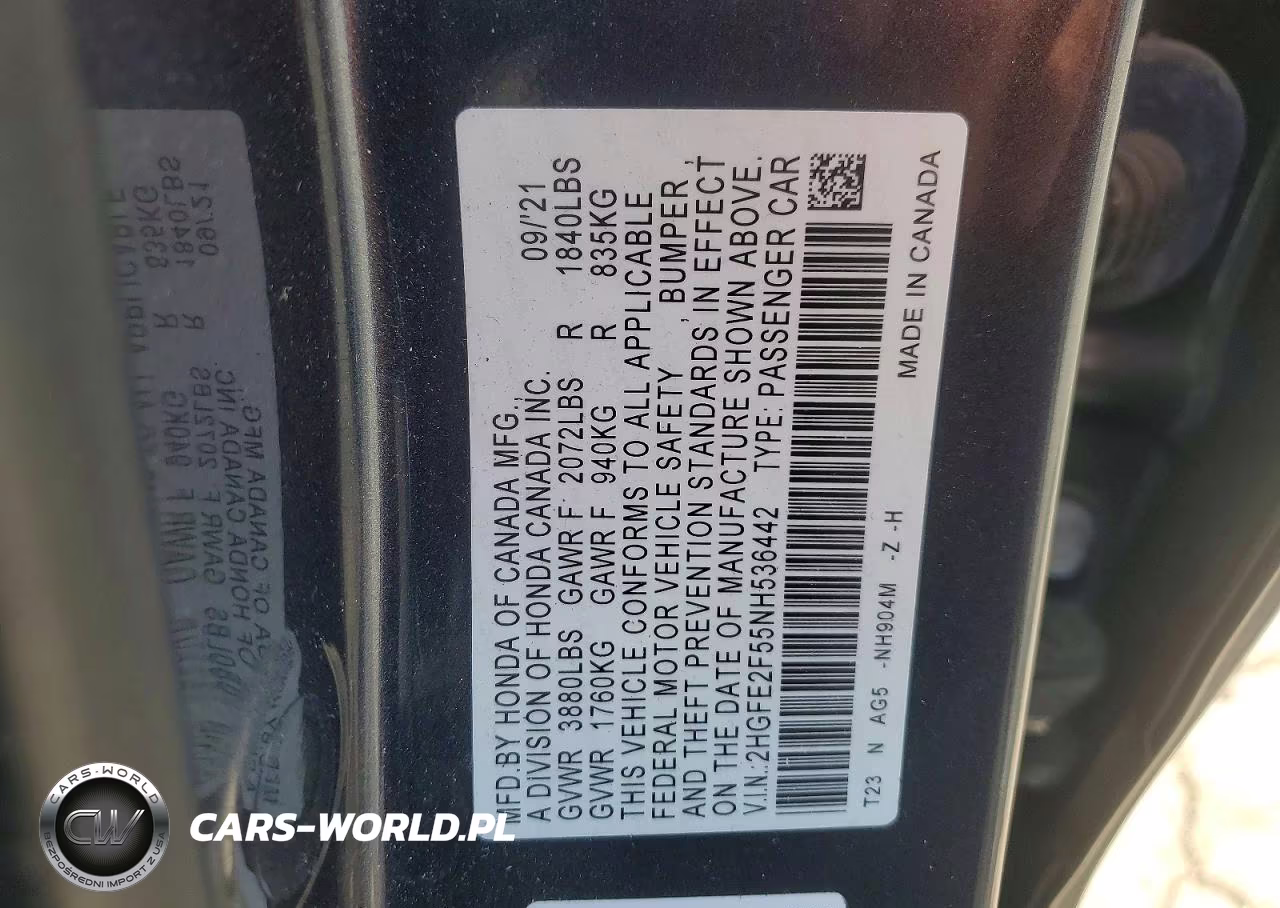 2022 Honda Civic Sport VIN:2HGFE2F55NH536442 - 13