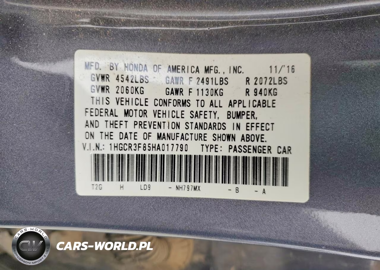 2017 Honda Accord Exl VIN:1HGCR3F85HA017790 - 12