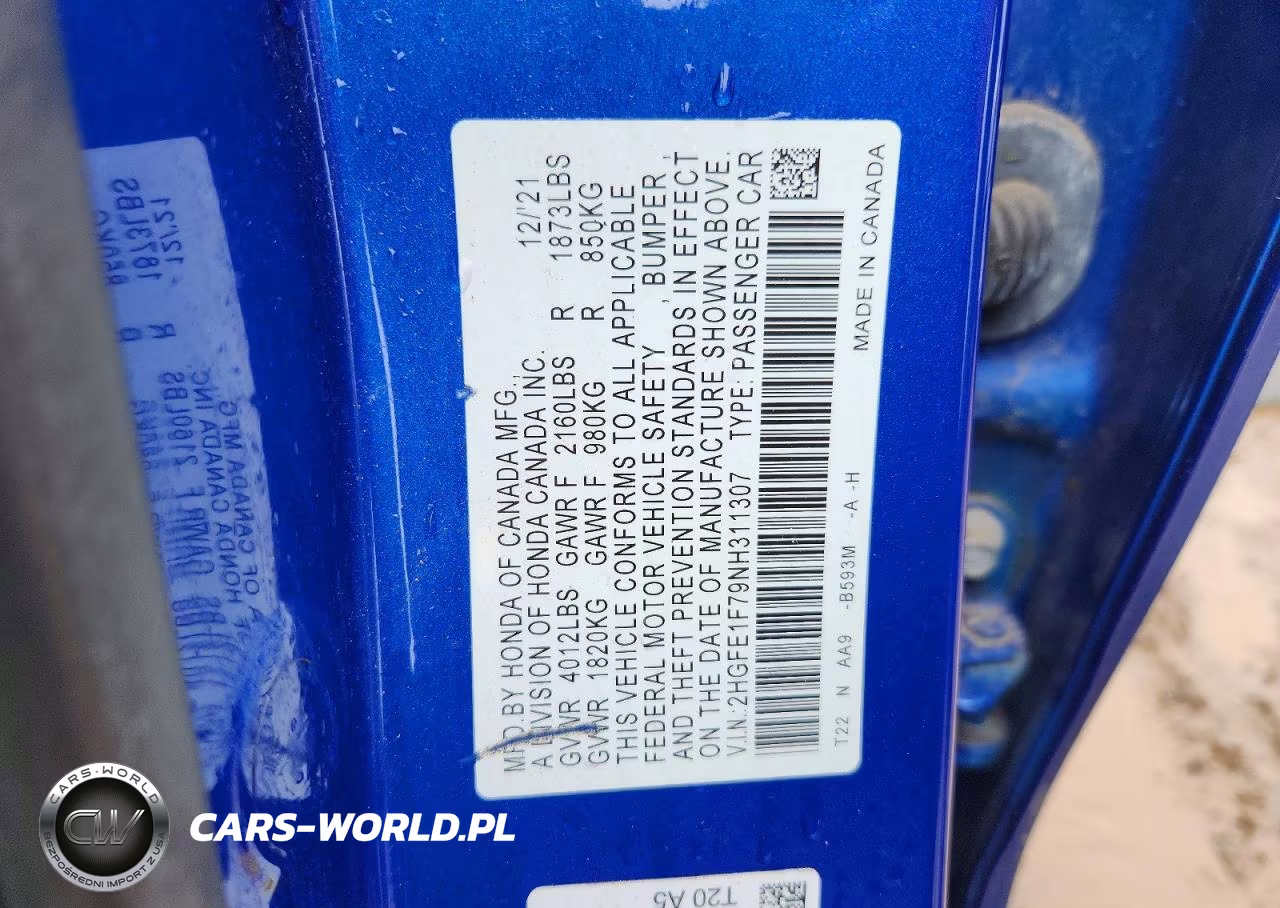 2022 Honda Civic Ex VIN:2HGFE1F79NH311307 - 12