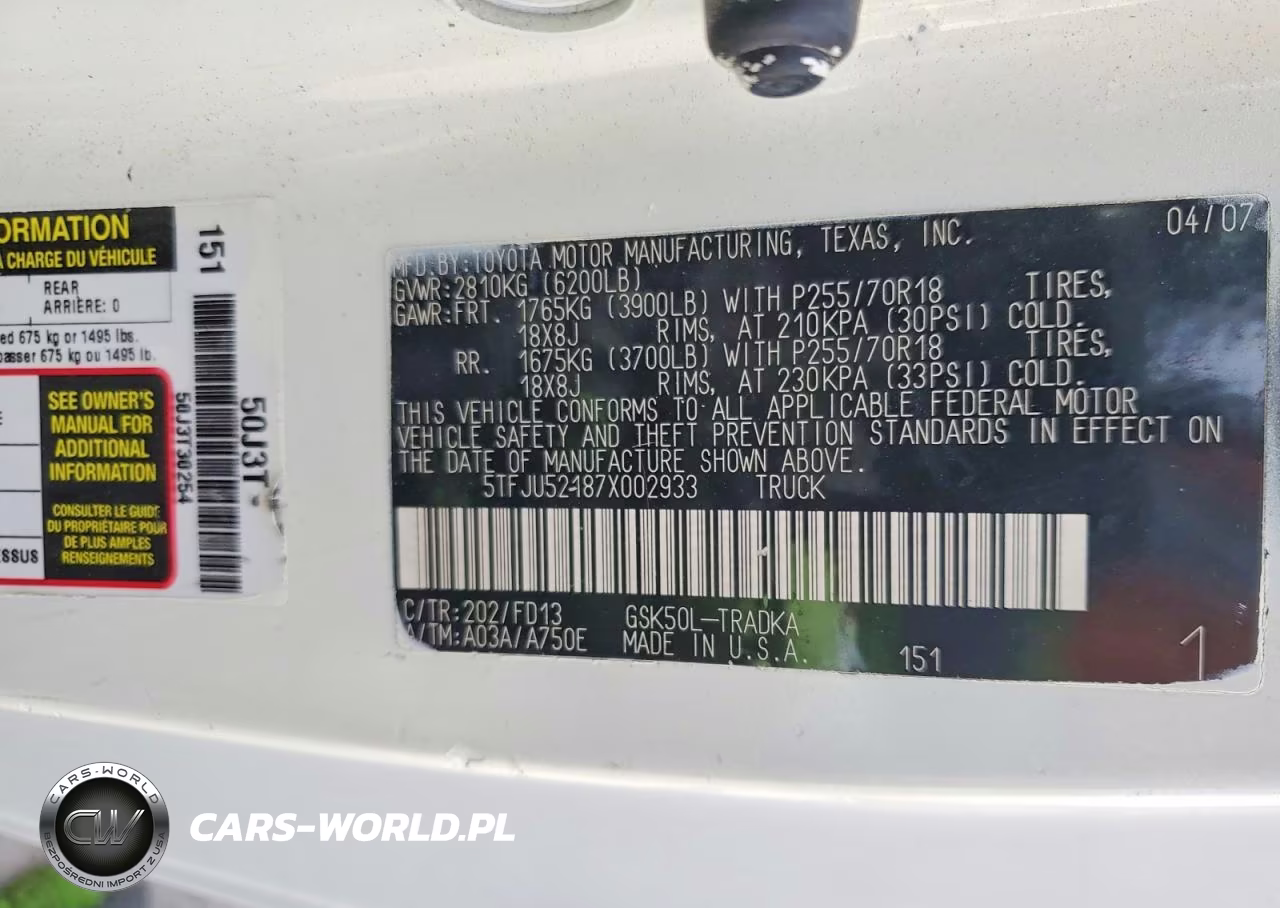 2007 Toyota Tundra Base VIN:5TFJU52187X002933 - 13