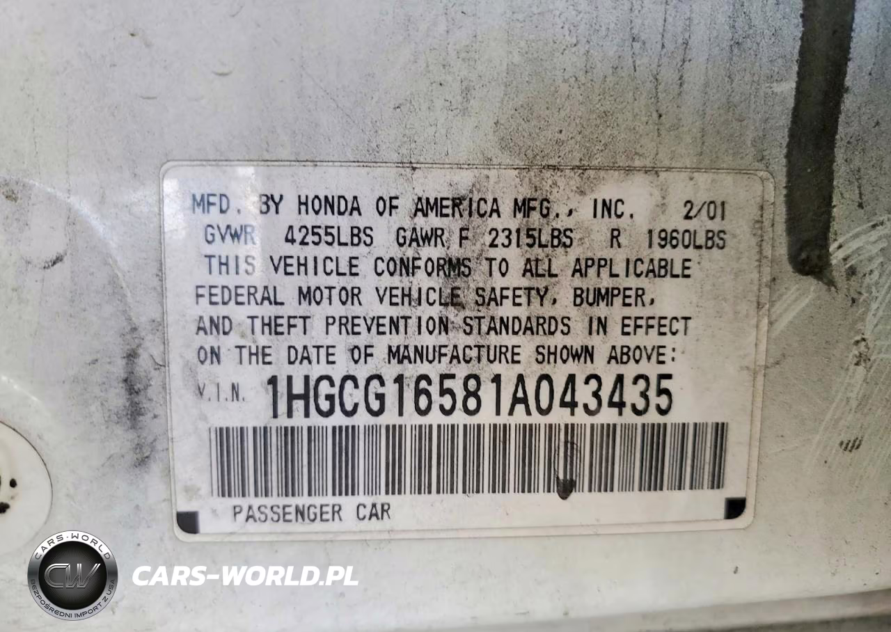 2001 Honda Accord Ex VIN:1HGCG16581A043435 - 12