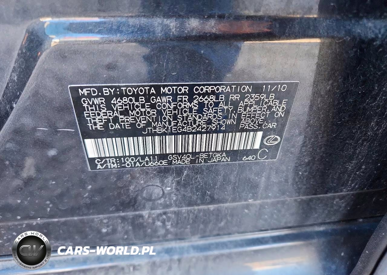 2011 Lexus Es 350 Base VIN:JTHBK1EG4B2427914 - 12