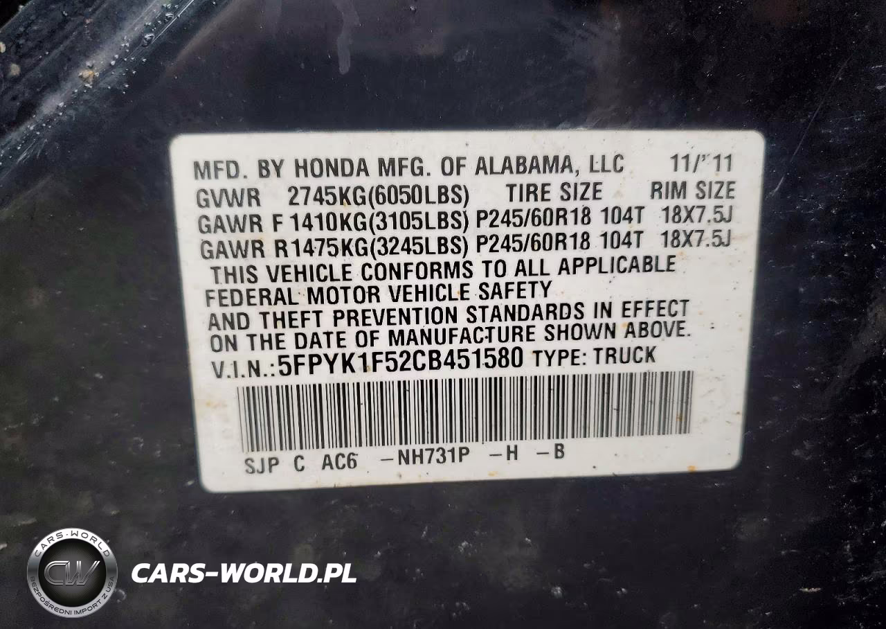 2012 Honda Ridgeline Rtl VIN:5FPYK1F52CB451580 - 13
