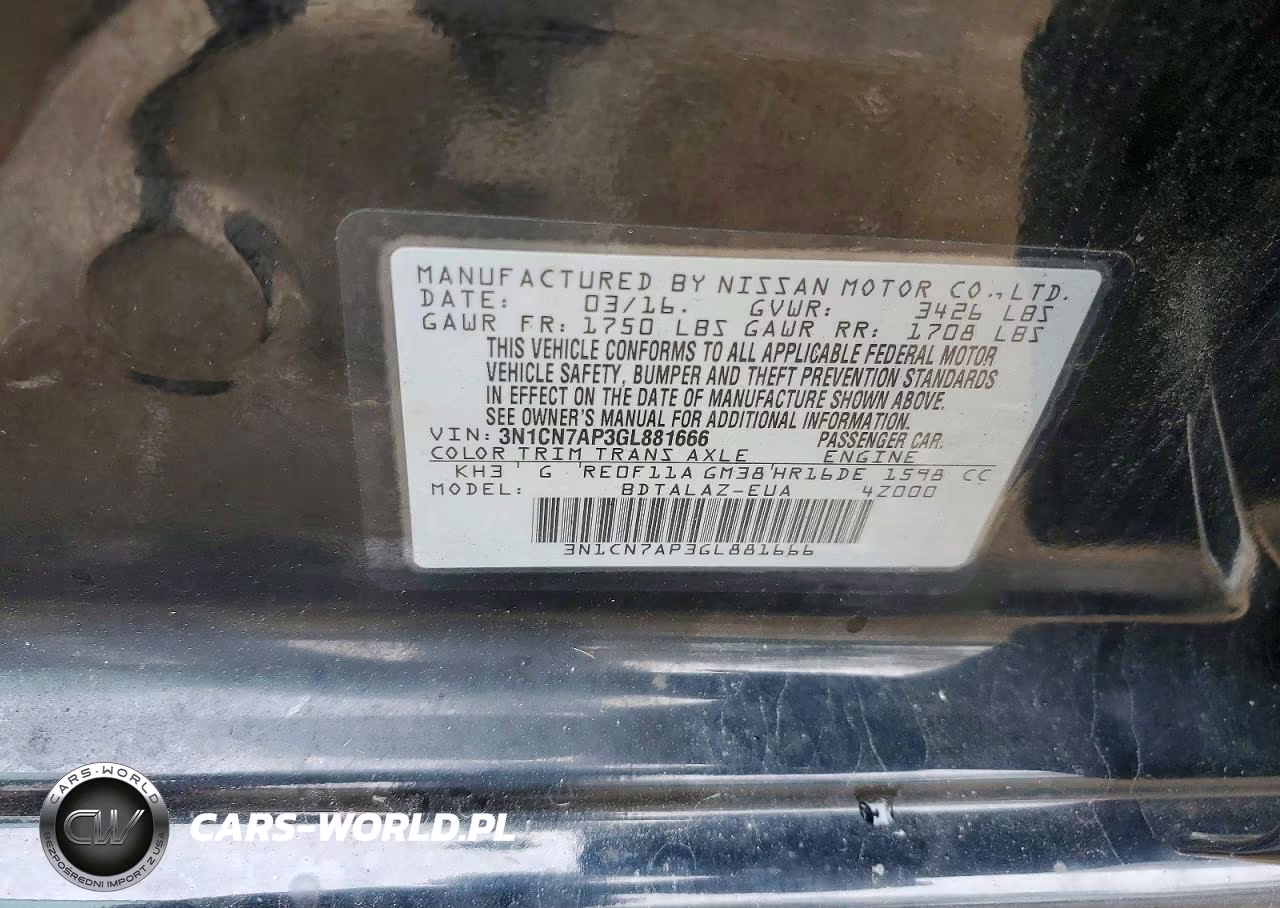 2016 Nissan Versa 1.6 S Plus VIN:3N1CN7AP3GL881666 - 12
