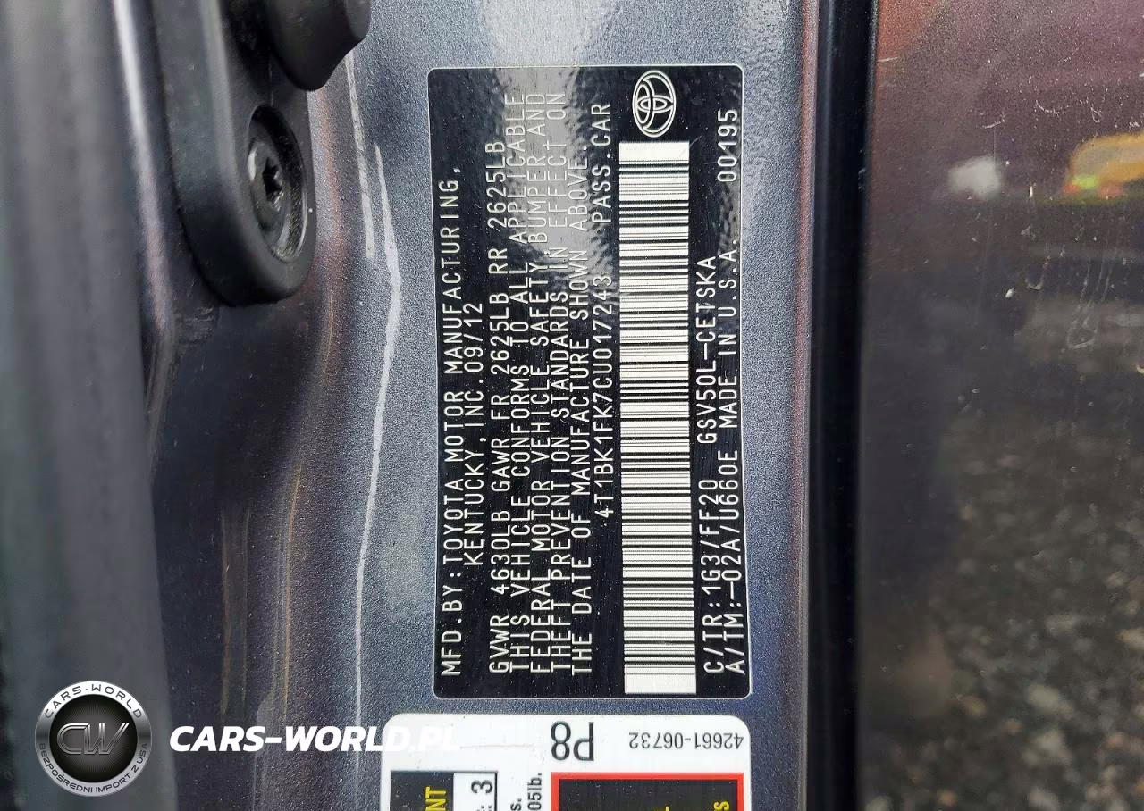 2012 Toyota Camry Se V6 VIN:4T1BK1FK7CU017243 - 12