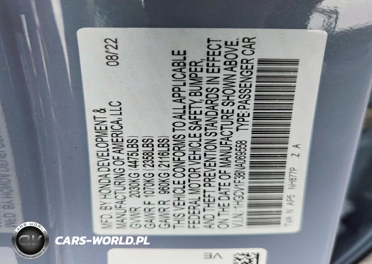 2022 Honda Accord Sport VIN:1HGCV1F38NA069558 - 13