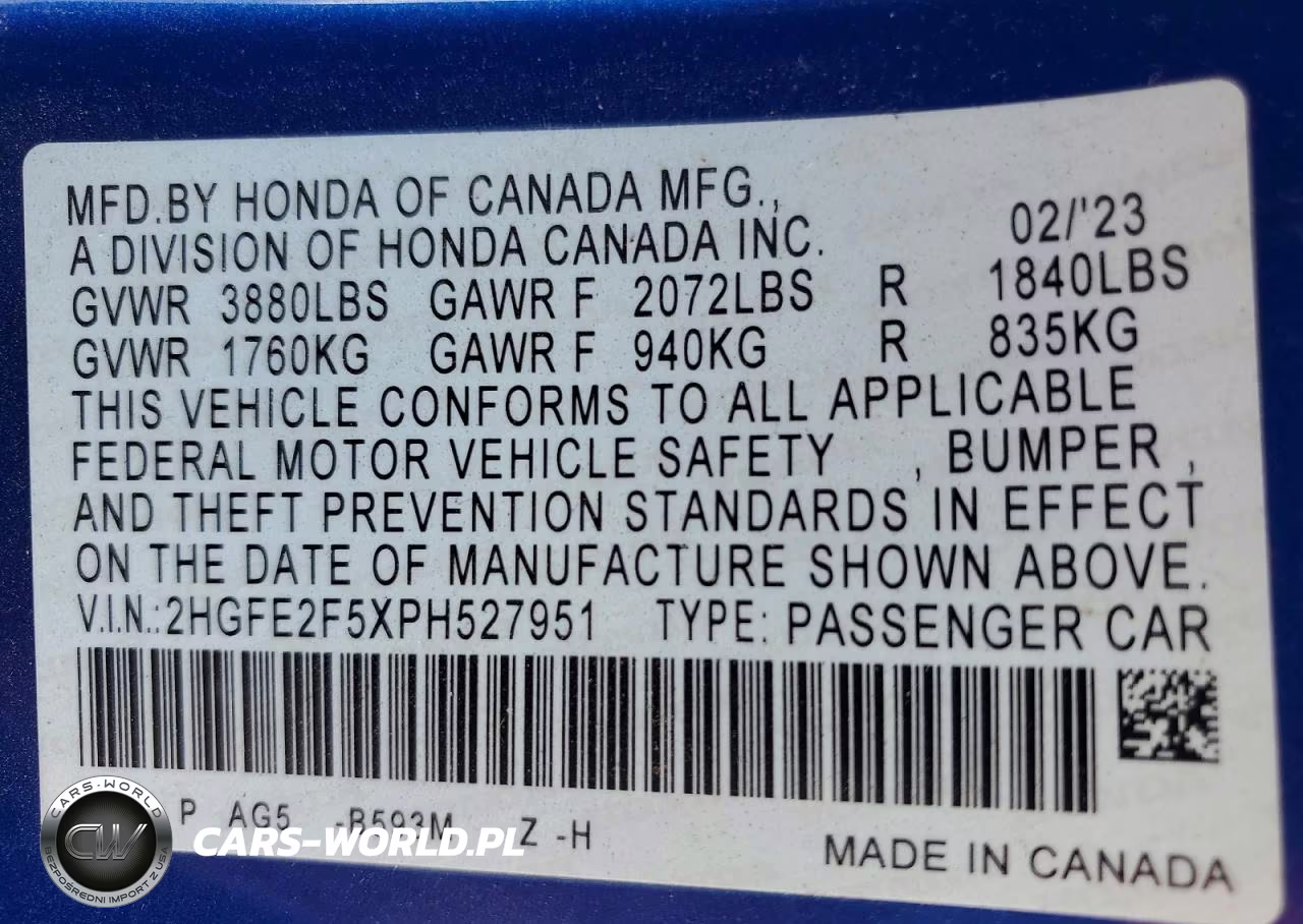 2023 Honda Civic Sport VIN:2HGFE2F5XPH527951 - 13