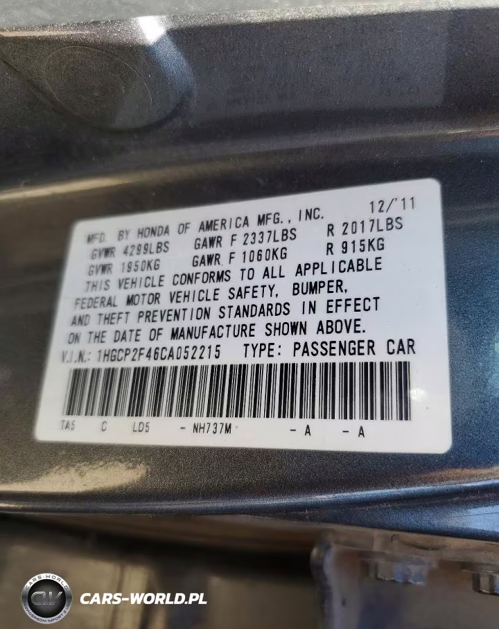 2012 Honda Accord Lxp VIN:1HGCP2F46CA052215 - 12