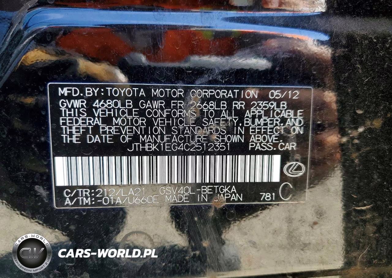 2012 Lexus Es 350 Base VIN:JTHBK1EG4C2512351 - 12