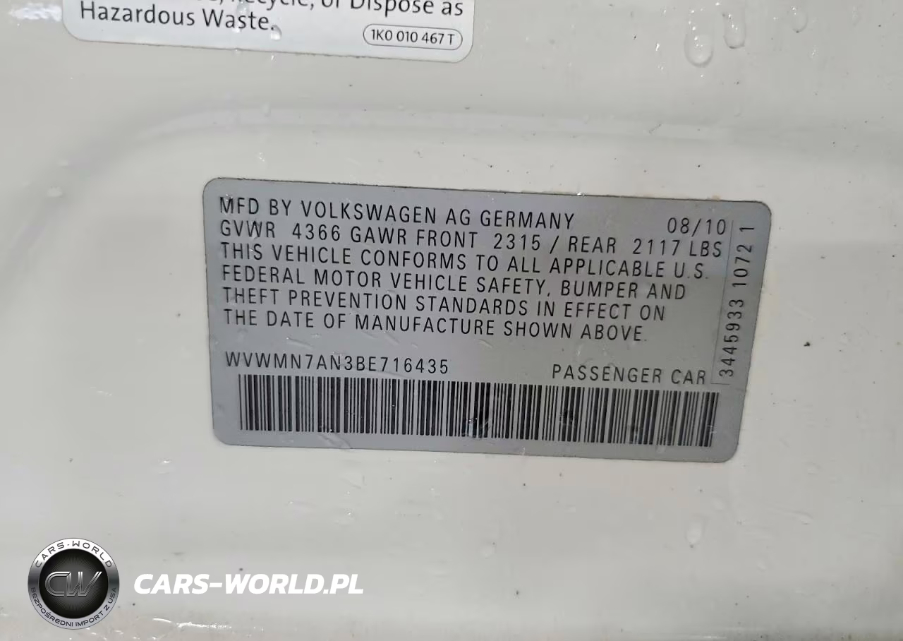 2011 Volkswagen Cc Sport VIN:WVWMN7AN3BE716435 - 12