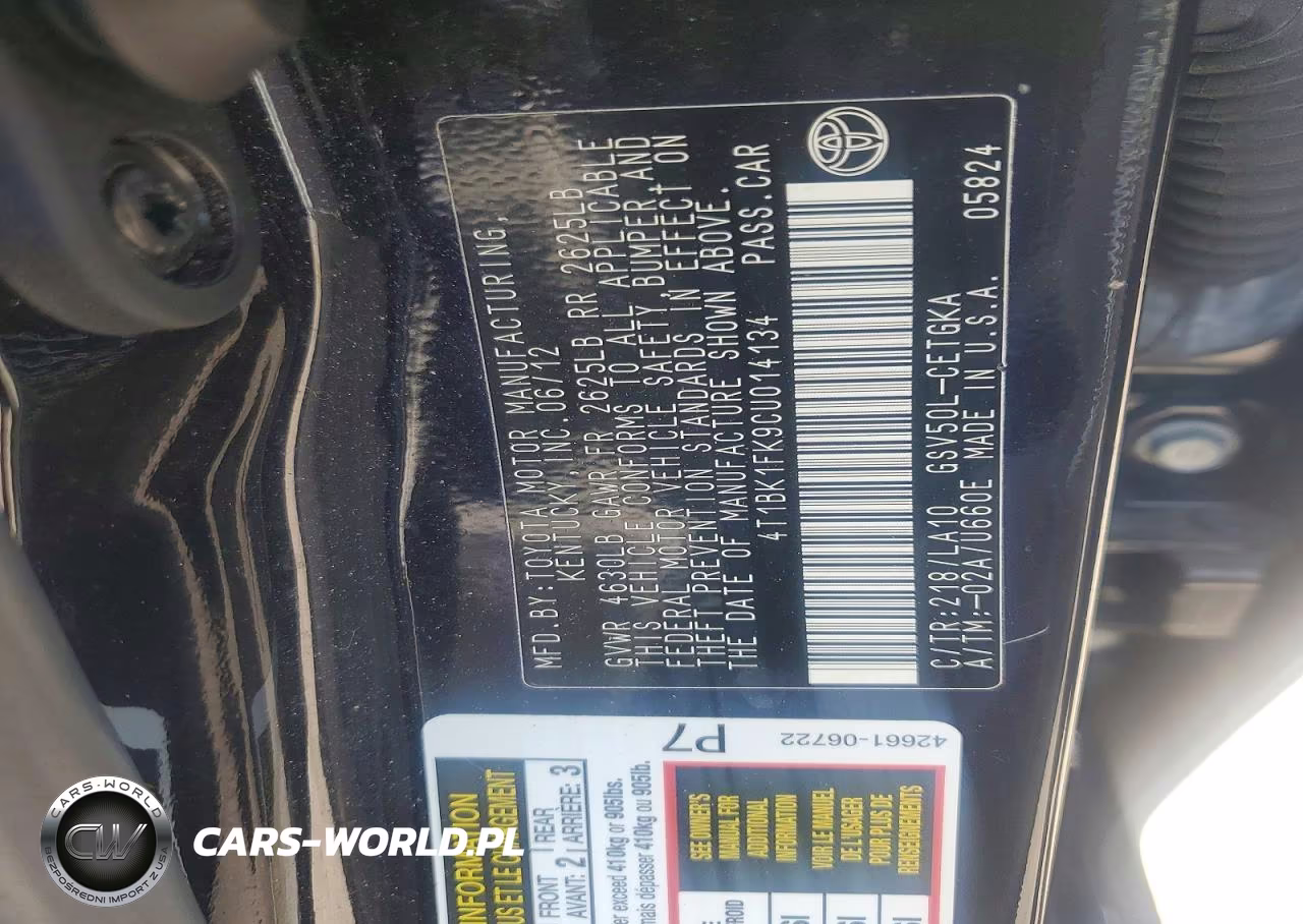 2012 Toyota Camry Xle V6 VIN:4T1BK1FK9CU014134 - 12