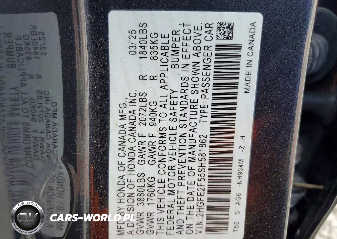 2025 Honda Civic Sport VIN:2HGFE2F55SH581862 - 12