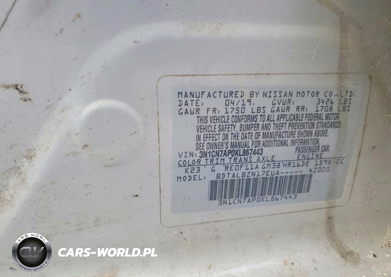 2019 Nissan Versa Sv VIN:3N1CN7AP0KL867443 - 12