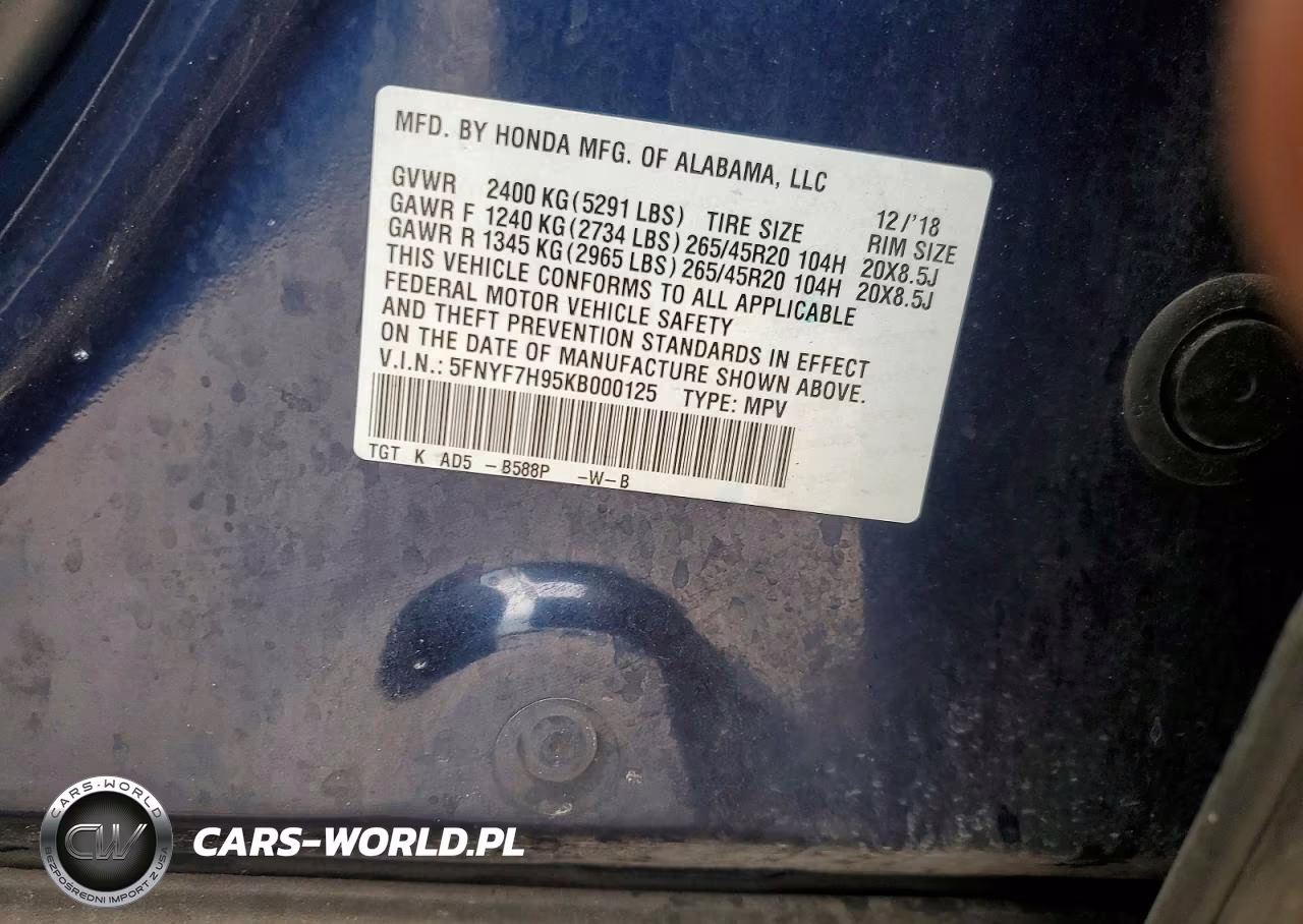 2019 Honda Passport Touring VIN:5FNYF7H95KB000125 - 12
