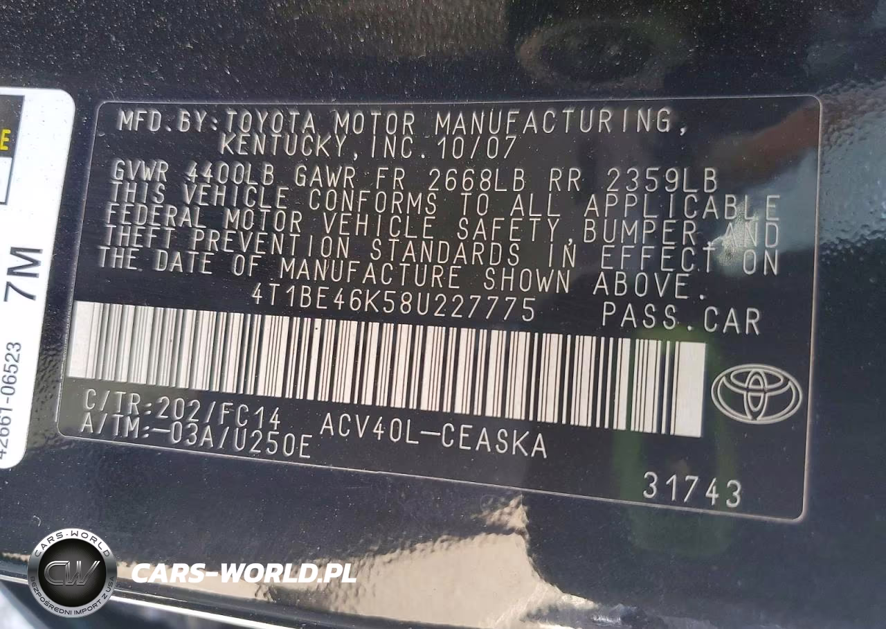 2008 Toyota Camry Se VIN:4T1BE46K58U227775 - 12
