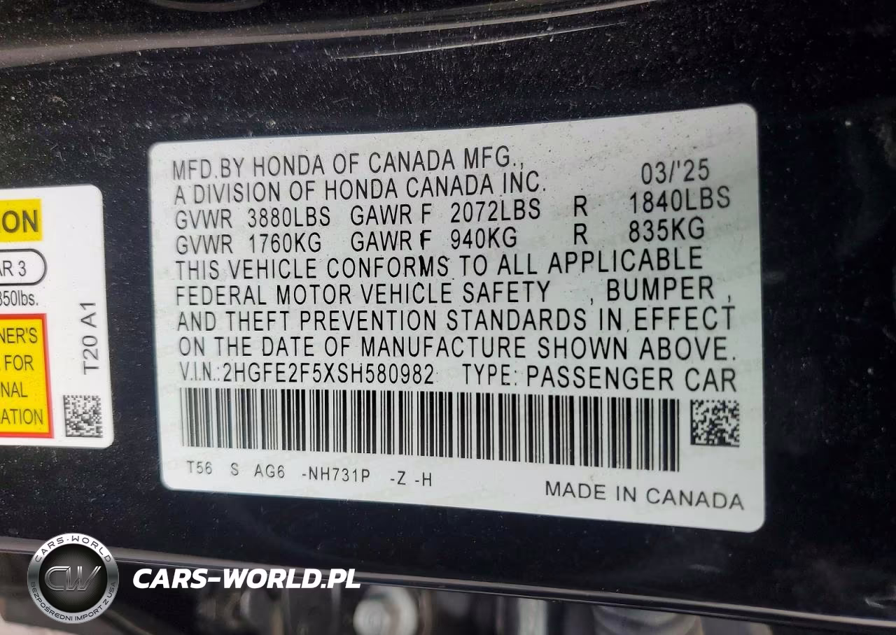 2025 Honda Civic Sport VIN:2HGFE2F5XSH580982 - 12