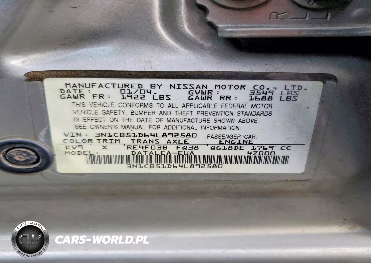 2004 Nissan Sentra 1.8 VIN:3N1CB51D64L892580 - 12