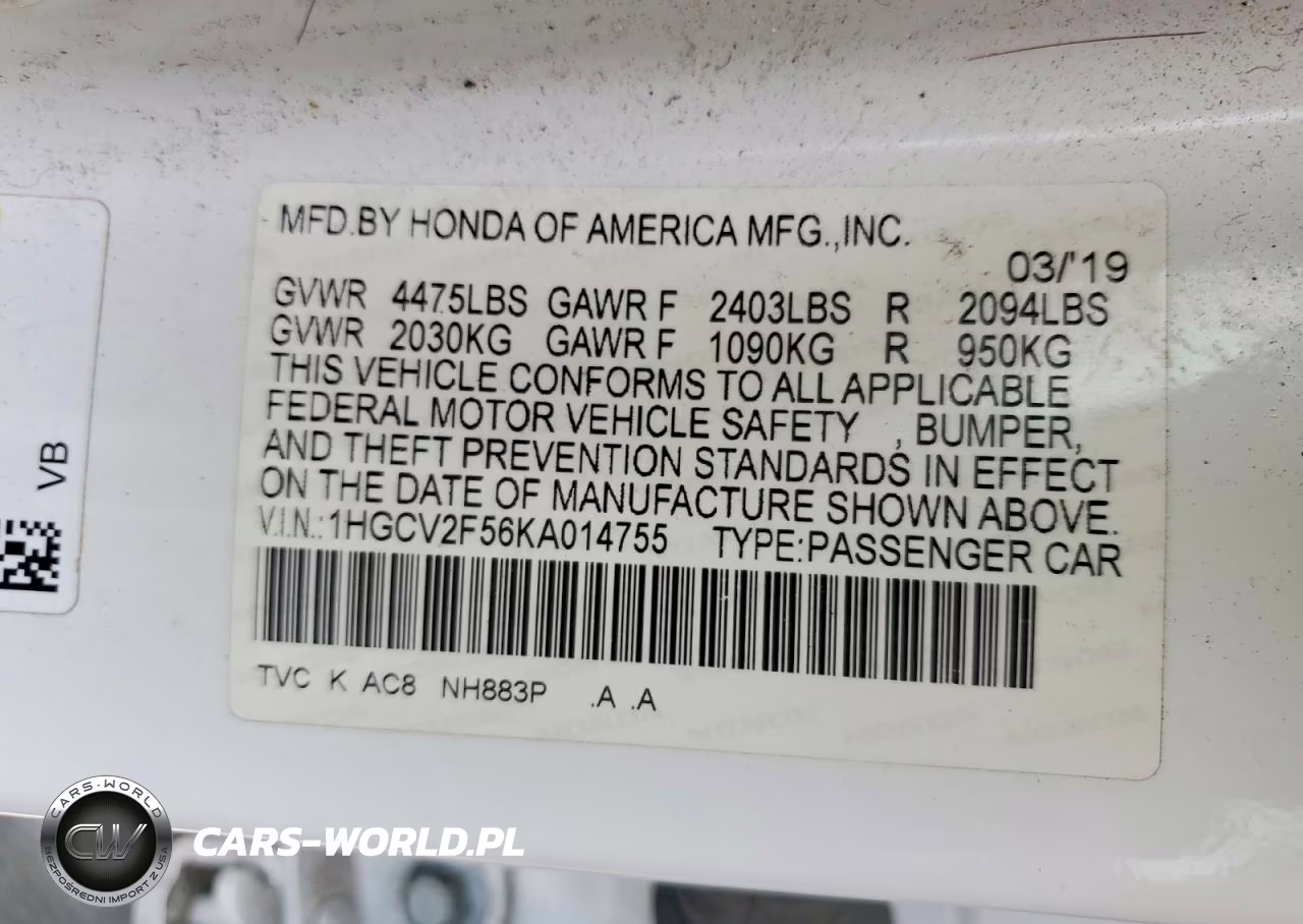 2019 Honda Accord Exl VIN:1HGCV2F56KA014755 - 12